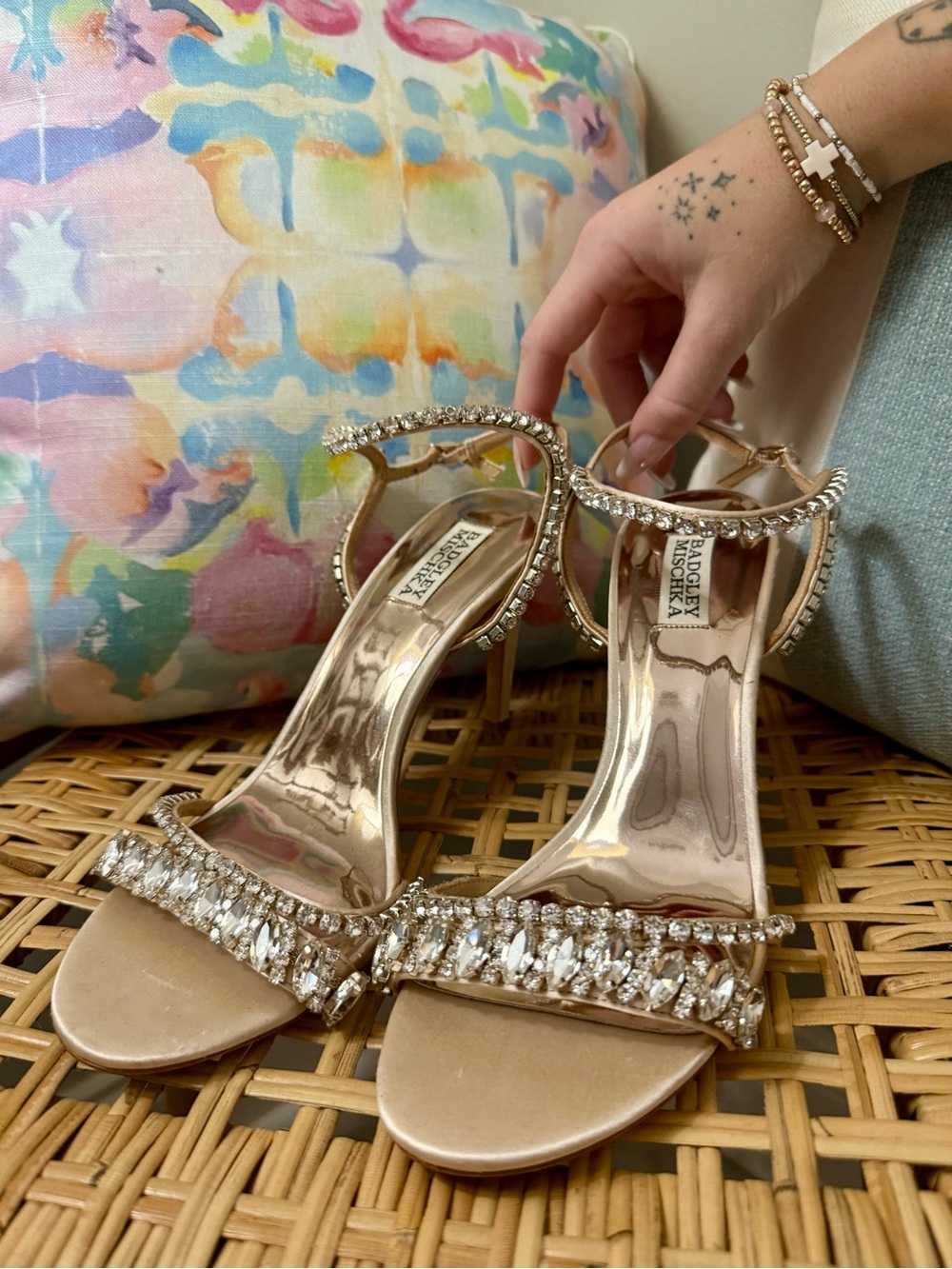 Badgley Mischka Rose Gold Crystal-Trim Ankle-Strap Heels